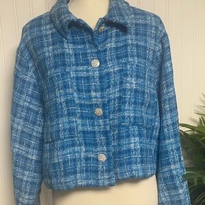 ZARA Cropped Turquoise Plaid Tweed Rhinestone Button Boxy Jacket Women’s XXL